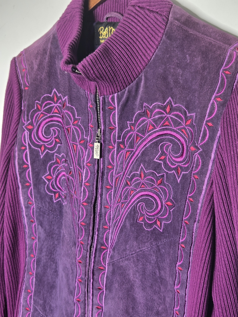Vintage Bob Mackie Purple Suede Embroidered Knit Zip Mock Neck Jacket - Medium